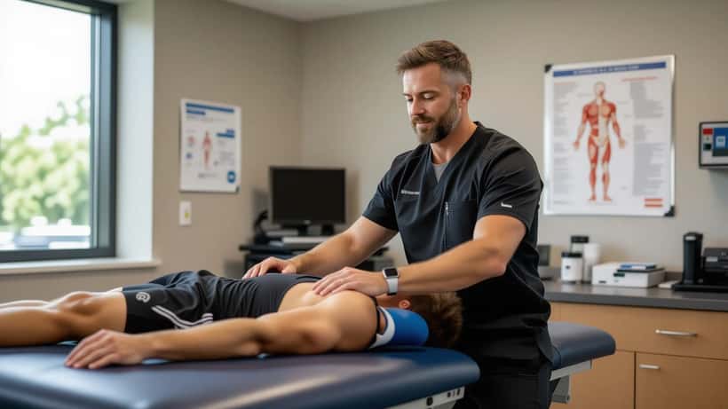 Physiotherapist assessing hamstring flexibility of recreational soccer player in a Canadian sports medicine clinic