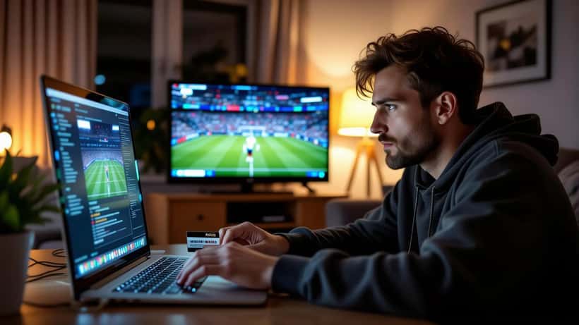 Man watching a pirated football stream on a laptop with fraudulent pop-up warnings, credit card in hand