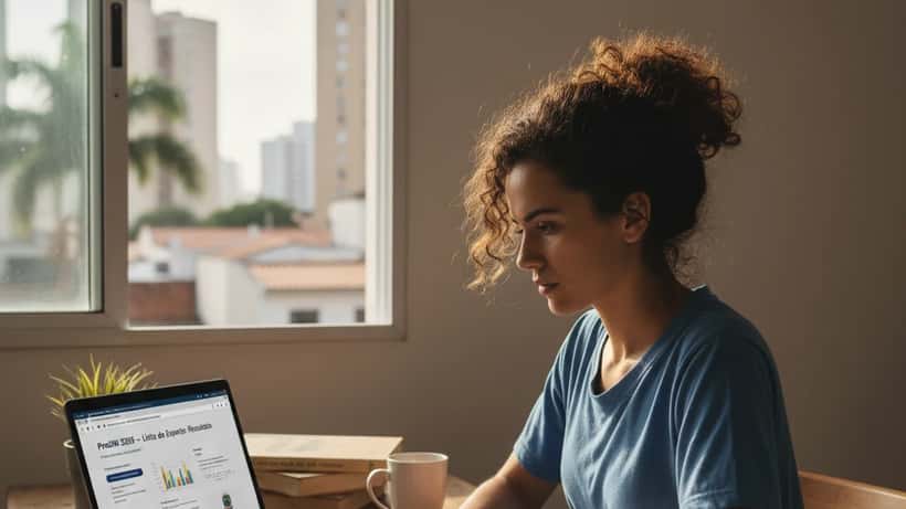 Jovem brasileira estudando para o ENEM em casa com cadernos e laptop