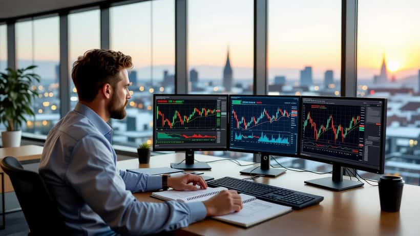 Investisseur suisse analysant les performances d'ETF spatiaux sur deux écrans de trading dans un bureau de Zurich, semaine mondiale de l'espace 2026