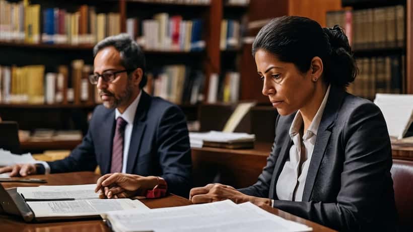 Trabalhadora brasileira revisando contrato com advogado trabalhista em escritório de São Paulo
