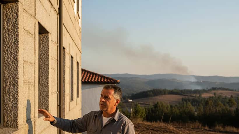Artesão português a inspecionar fachada de casa em zona de risco de incêndio em Braga