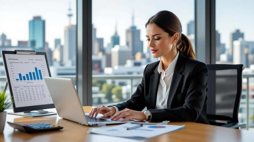 Professional woman reviewing superannuation dashboard in Sydney office, financial planning documents on desk