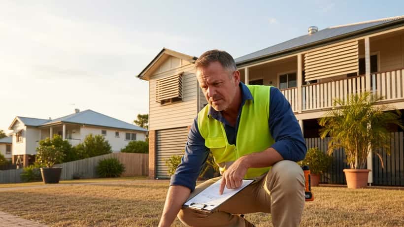 Building inspector examining crack in brick wall foundation of Australian home after earthquake tremor