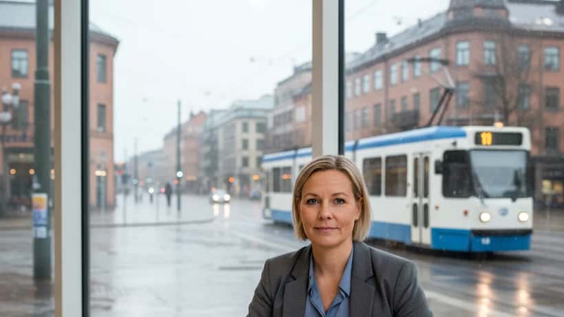Kvinna granskar pendlingsbudget med räknare och kollektivtrafikkvitton på skrivbord i Göteborgskontor