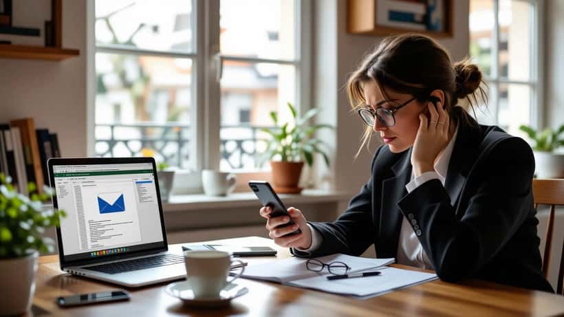 Docente preoccupata guarda una mail sospetta NoiPA sullo smartphone accanto al cedolino sul portatile