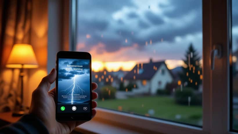 Hand hält Smartphone mit gefälschter Unwetterwarnung-SMS vor Gewitterhimmel