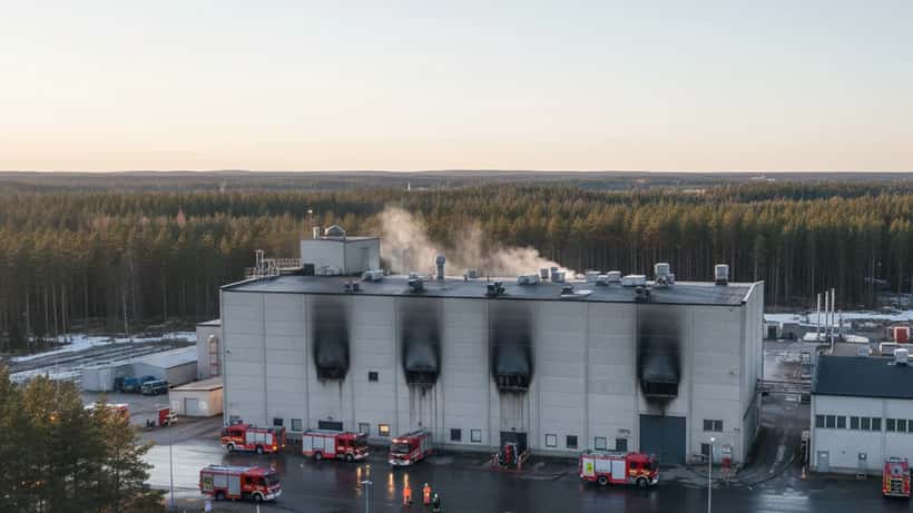 Paloautoja teollisuusalueen edustalla yöllä Paraisilla Nordkalkin tehdaspalon jälkeen