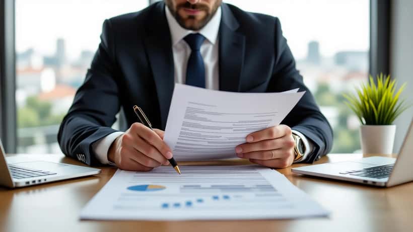Advogado desportivo a analisar contrato de transferência de futebol em escritório moderno