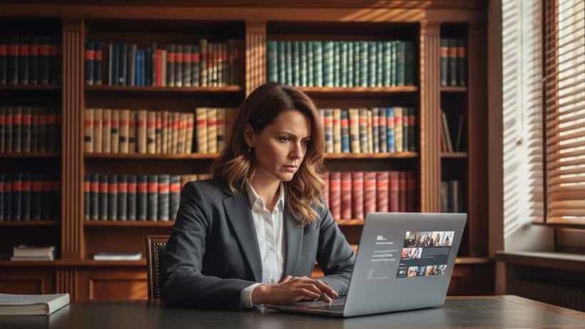 Avvocata italiana che esamina i documenti contrattuali di Netflix su laptop in uno studio legale a Roma