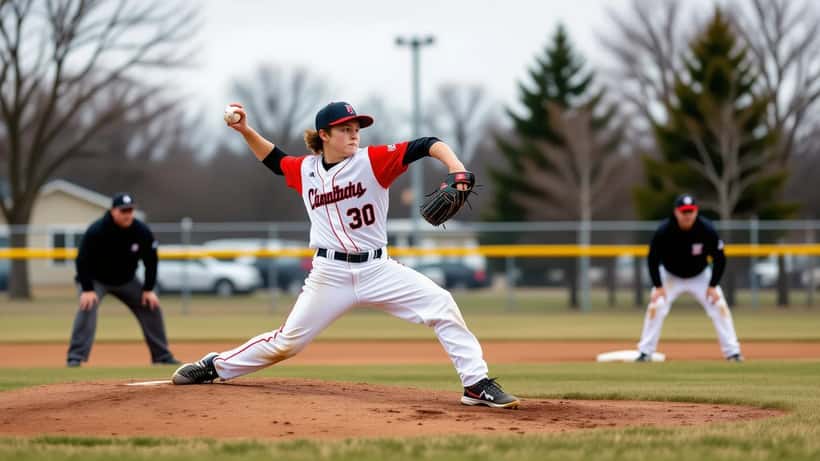 Teenage baseball pitcher in mid-windup on a community ballfield, throwing arm cocked back