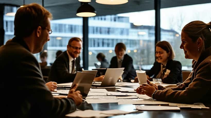 Fagforeningsrepresentanter og arbeidsgiverside ved forhandlingsbord i Oslo etter lønnsoppgjøret 2026