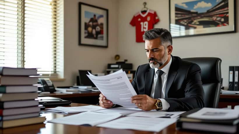 Sports attorney reviewing FIFA player contract at law office in Tijuana, Club Tijuana jersey on wall