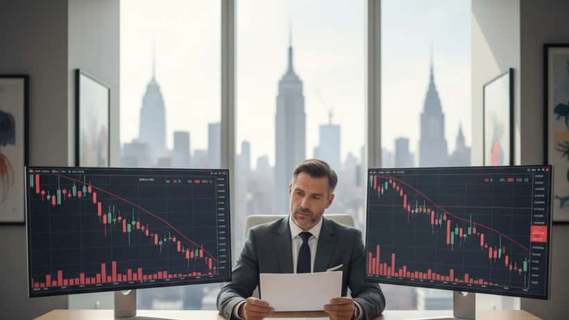 American wealth advisor reviewing declining UNH stock charts on dual monitors in New York City office