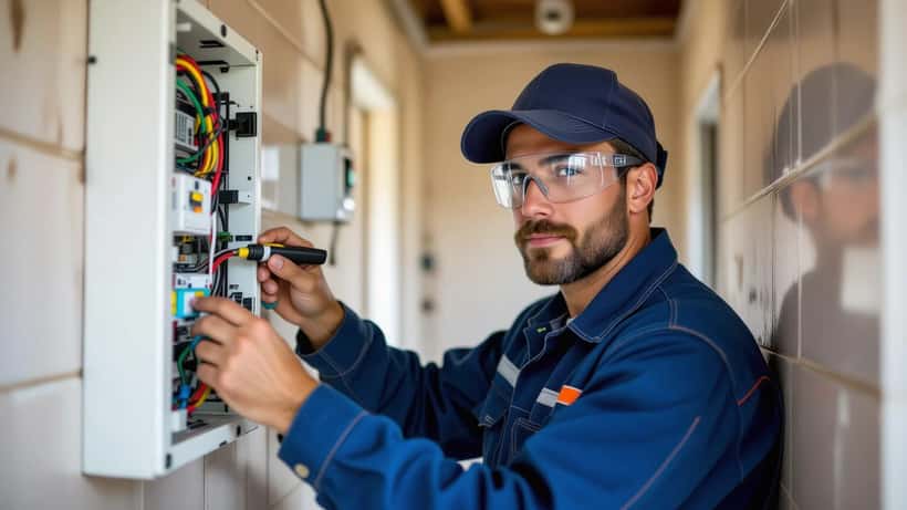 Eletricista brasileiro inspeciona painel elétrico residencial com detector de fumaça ao fundo