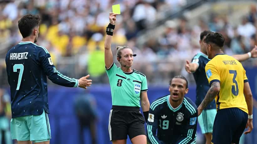 FIFA World Cup 2026 referee Tori Penso interacting with players during Ecuador vs Germany match