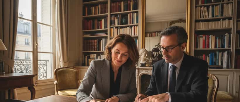 Auteure française signant un contrat d'édition avec son avocat spécialisé en propriété intellectuelle