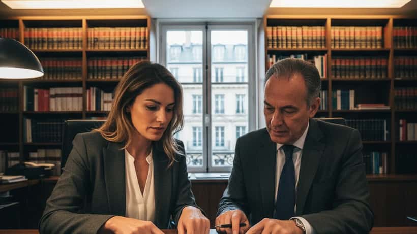 Une femme consulte un avocat spécialisé en droit du travail dans un cabinet parisien