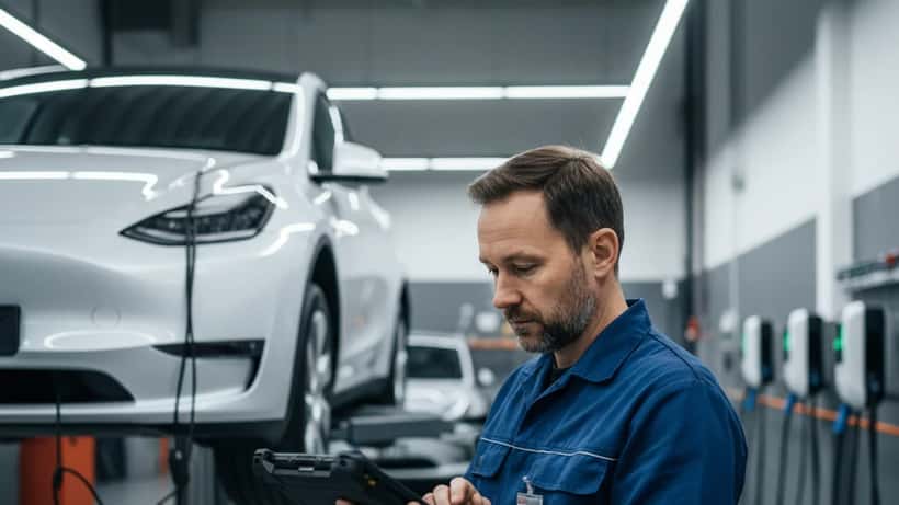 Kfz-Mechaniker diagnostiziert ein Tesla Model Y Elektrofahrzeug in einer modernen Werkstatt in München
