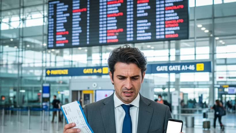 Passeggero frustrato all'aeroporto con tabella partenze che mostra cancellazioni voli