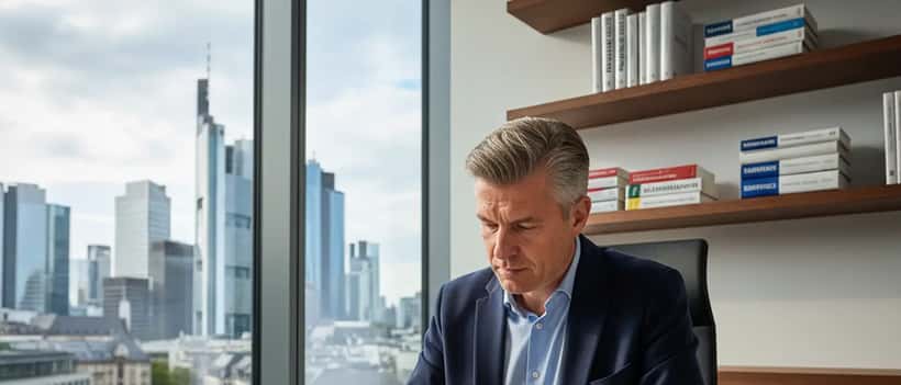 Deutscher Vermögensberater im Büro beim Durchsehen von Finanzunterlagen und Diagrammen