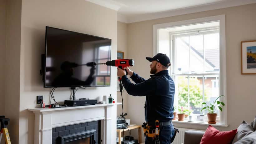 Tradesperson installing a TV wall mount bracket on a chimney breast in a UK living room
