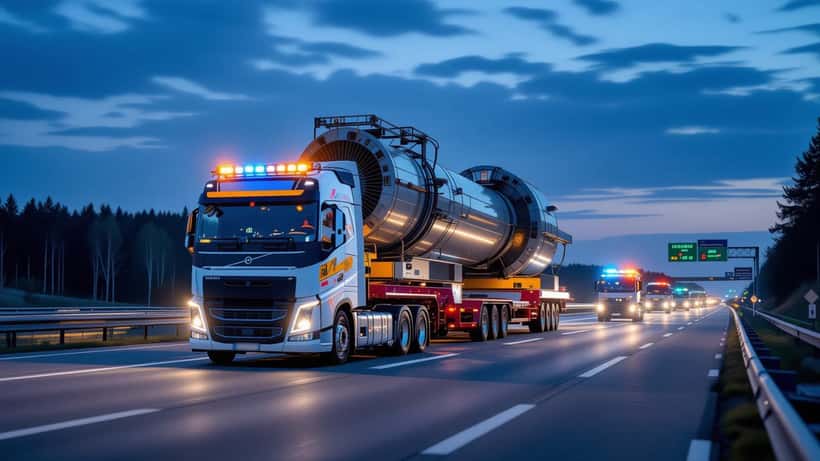Schwertransporter mit Industriemaschine auf einer deutschen Autobahn nachts