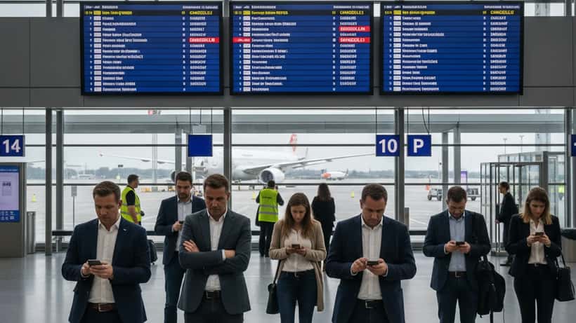 Österreichische Reisende warten im Flughafen Wien bei angezeigten Flugstreichungen auf der Abflugtafel