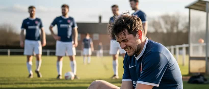 Amateur footballer sitting on the pitch holding his ankle after an injury