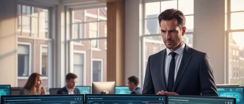 IT-beveiligingsspecialist controleert cyberbeveiligingsdashboards na hack op het Ministerie van Financiën