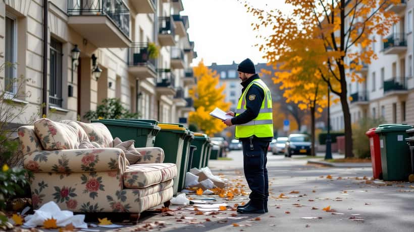 Agent municipal en gilet jaune devant des encombrants déposés au pied d'un container à Lyon