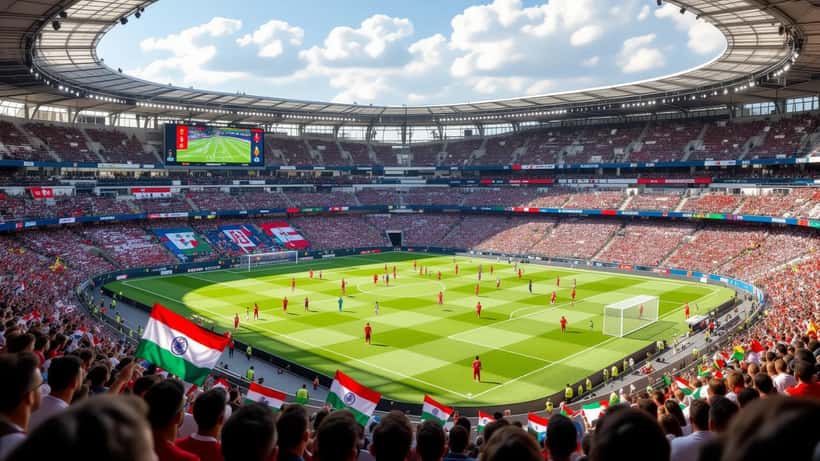 World Cup 2026 group stage standings dashboard with team flags and stadium atmosphere