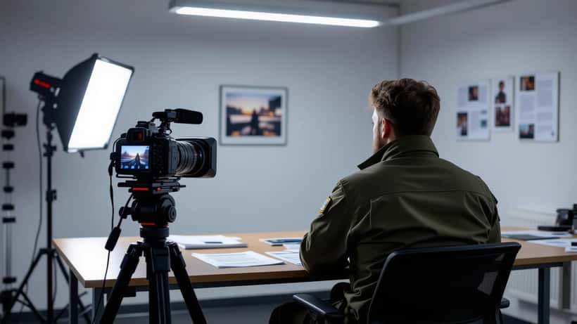 Documentary film camera facing anonymous silhouetted military figure in sparse interview room, whistleblower testimony
