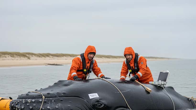 Marine biologist and veterinarian examining stranded humpback whale on Baltic Sea coast