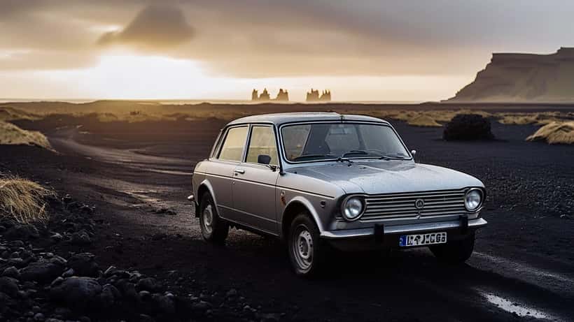 Leigubíll á svörtu sandi Suðurstrandar Íslands með sandrok í bakgrunn