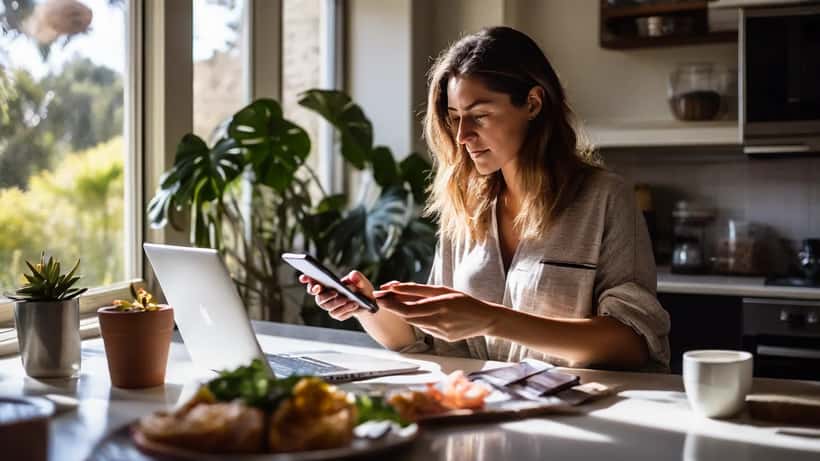 Australian woman reviewing online fashion order on smartphone in bright Sydney kitchen