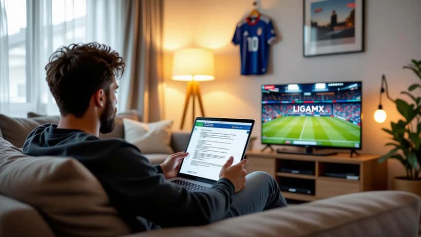 American soccer fan holding a legal demand letter while staring at a copyright infringement warning on his laptop showing a Liga MX stream