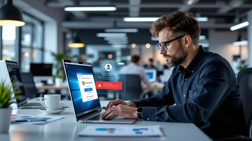 Especialista en TI revisando una alerta de phishing en Microsoft 365 en una oficina moderna