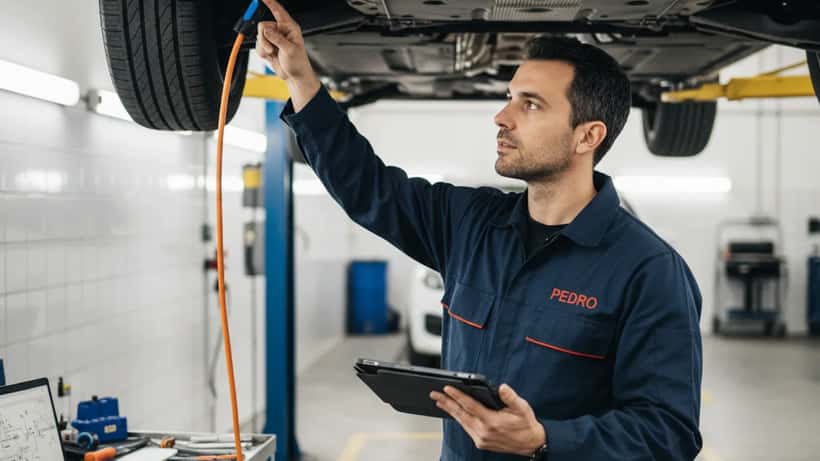 Mecânico português inspeciona veículo elétrico numa garagem em Porto