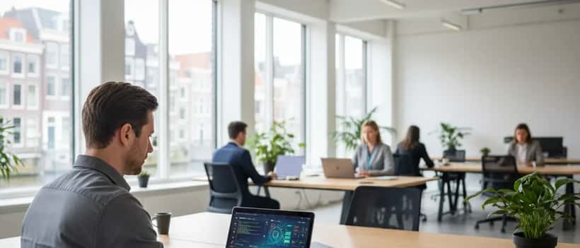 IT-specialist in Amsterdam kantoor beoordeelt cybersecurityinstellingen op laptop