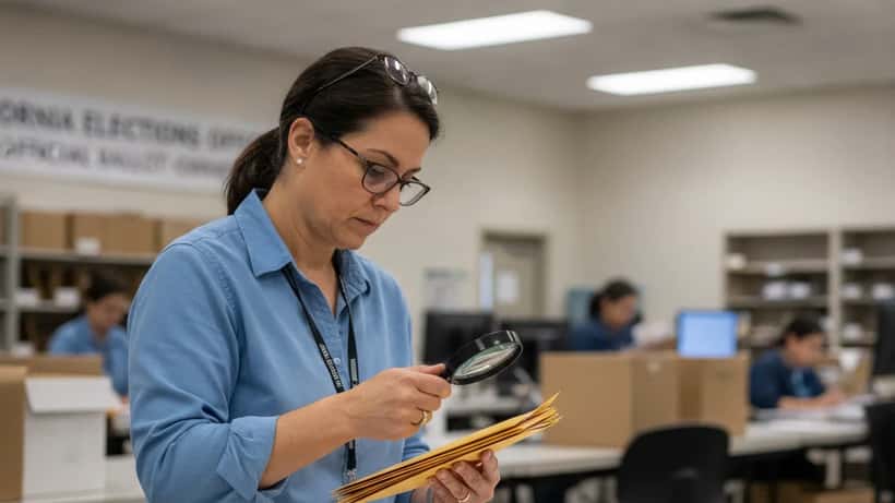 Election worker examining mail-in ballot envelopes at a California county elections office