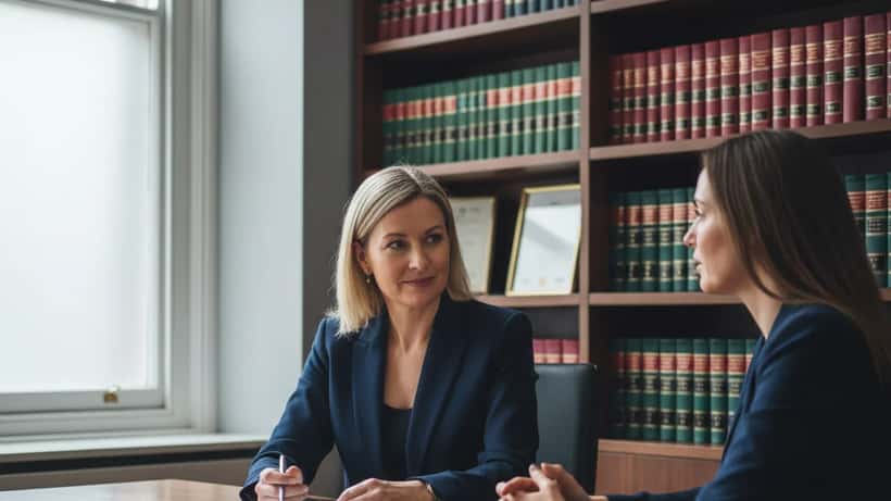 British solicitor in London consultation room advising a client on stalking law rights, April 2026