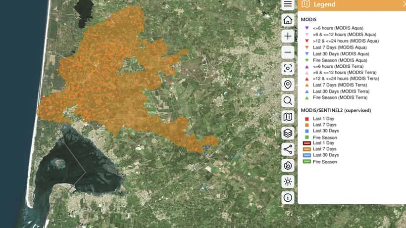 Vue satellite des incendies de forêt en Gironde le 29 juillet 2026, capture EFFIS