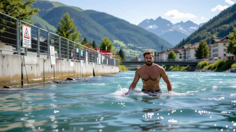 Baigneur dans l'Aare à Berne en été 2026, berges de chantier et panneaux d'avertissement visibles en arrière-plan