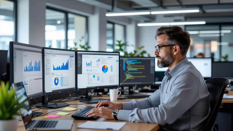Consultor de TI analisa painel de IA e conformidade de dados em dois monitores em escritório