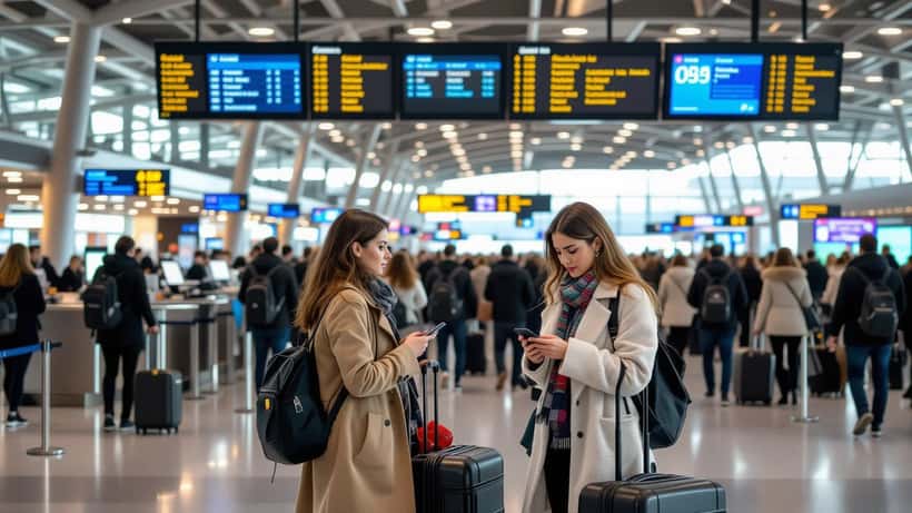Viajantes diante de painel com voos cancelados no aeroporto de Paris