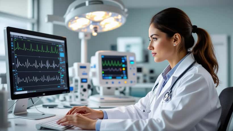 Cardiologista a analisar eletrocardiograma em sala de urgências hospitalar