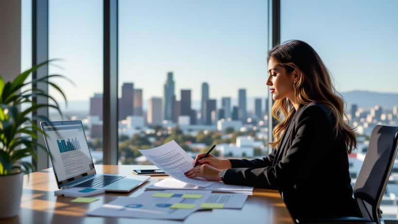 Abogada revisando contrato de entretenimiento en oficina de Los Ángeles