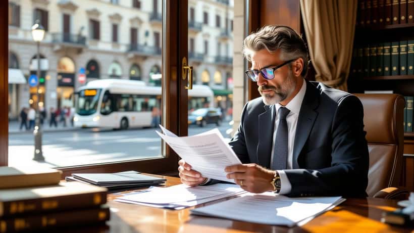 Avvocato esamina documentazione sinistro stradale in studio legale a Milano con vista su binari del tram