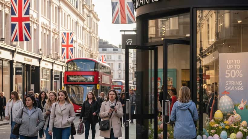 London high street with closed M&S store on Easter Sunday, shoppers outside